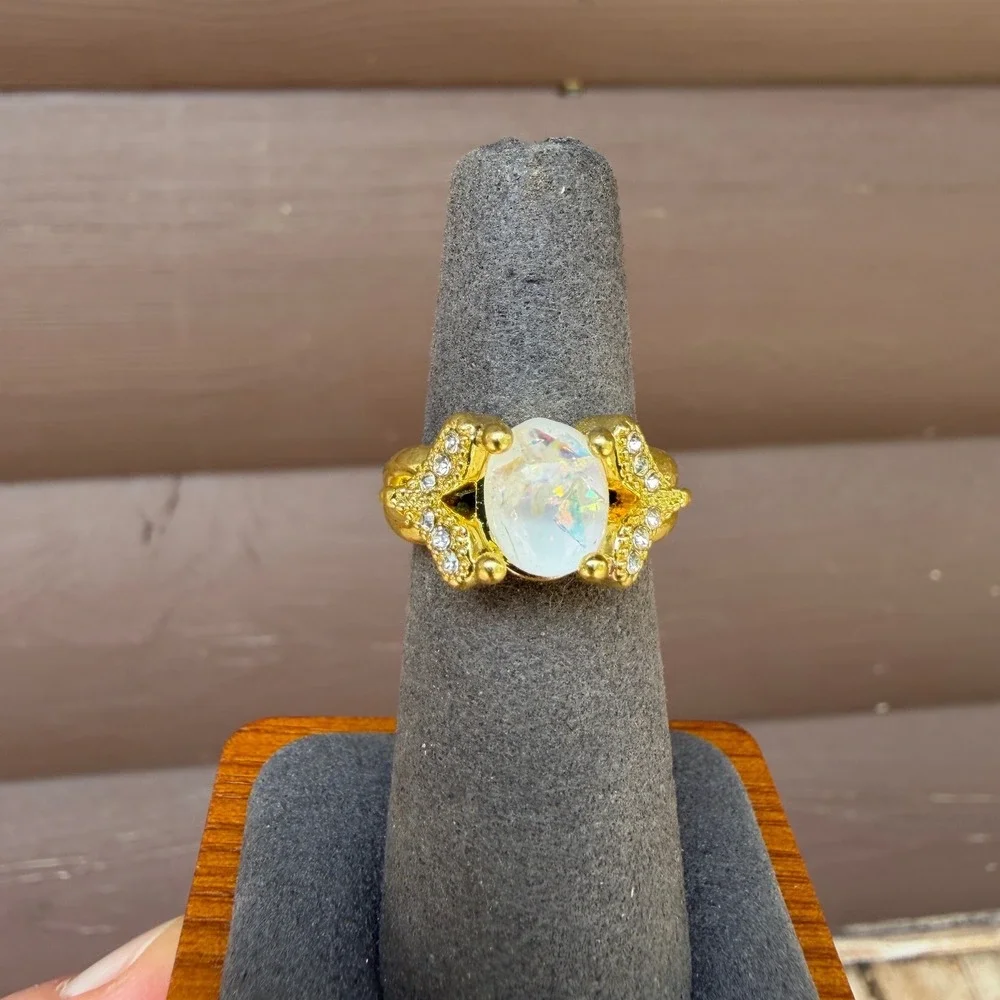 Gold Tone Oval Faux Fire Opal Ring Rhinestone Accents Size 6